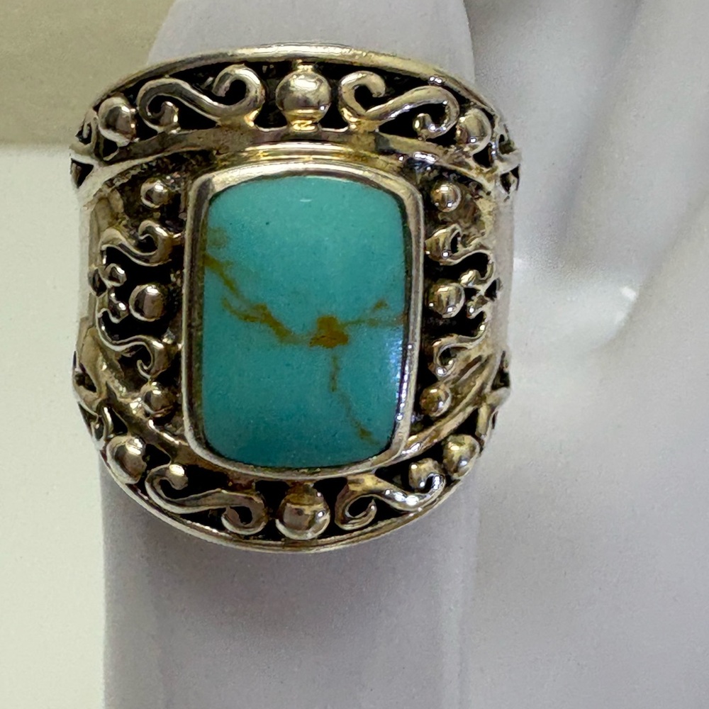Turquoise and Silver Filigree Band Ring
